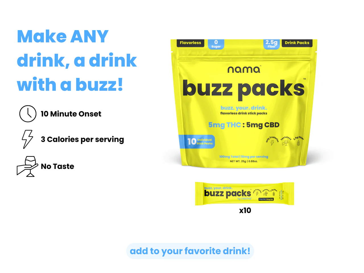 SAVE 10% - Nama Buzz Packs 5MG THC + 5MG CBD Drink Mix - Unflavored / 10-ct (Reg. Price $30)